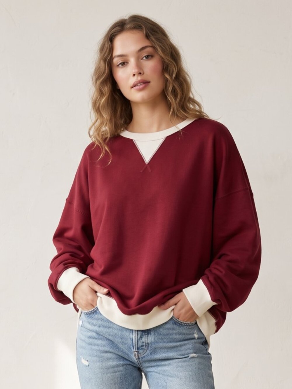 NWT | Burgundy Red Crewneck Sweatshirt White Contrast Trim Pullover | Small